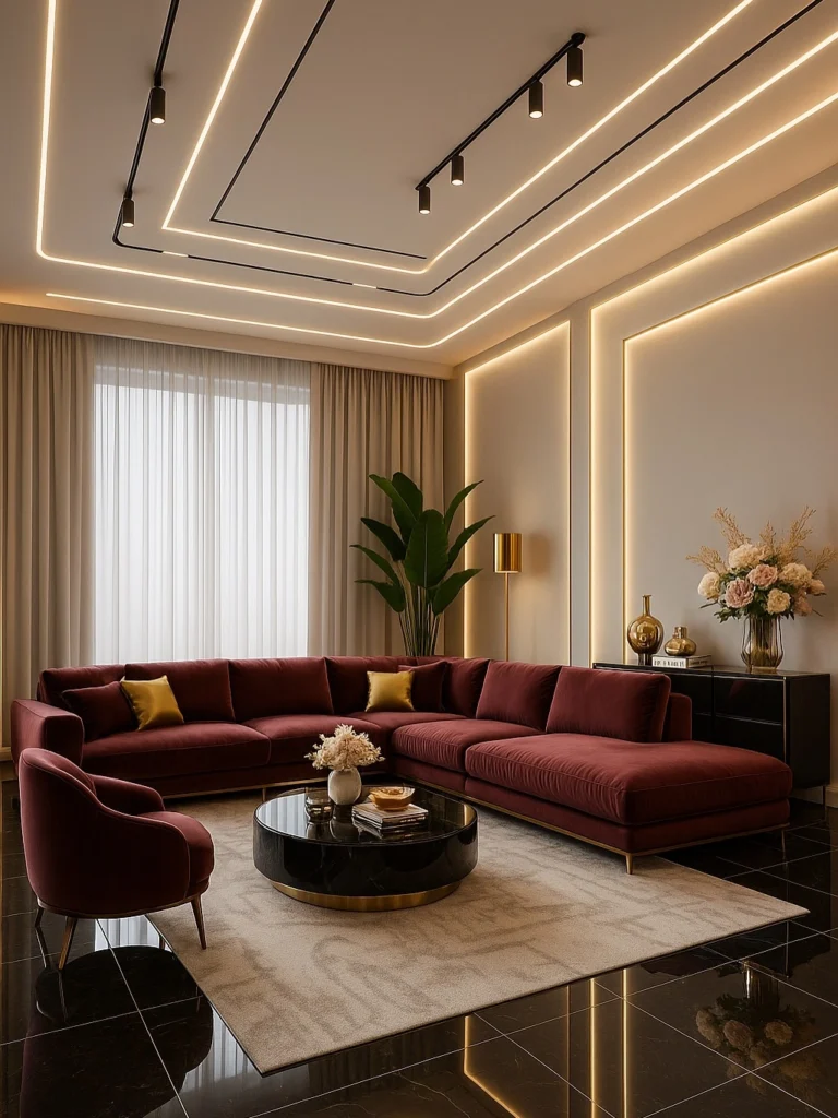 Luxury Living Room Design Ideas: Creating a Modern Elegant Space 7 luxury living room with burgundy sectional sofa and gold accents
