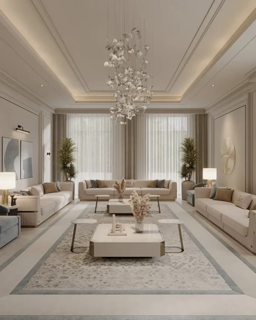 Luxury Living Room Design Ideas: Creating a Modern Elegant Space 5 symmetrical luxury living room layout with central coffee table and neutral sofas