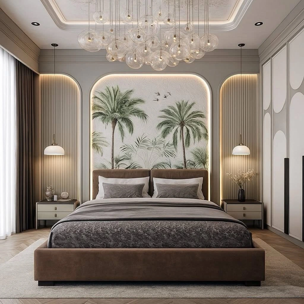 15 Luxury Bedroom Design Ideas That Feel Like a 5 Star Hotel 2 modern bedroom with curved accent wall and wooden panel headboard