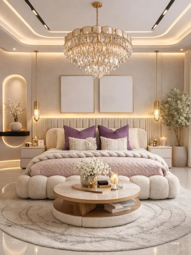 luxury bedroom with crystal chandelier and purple accent pillows