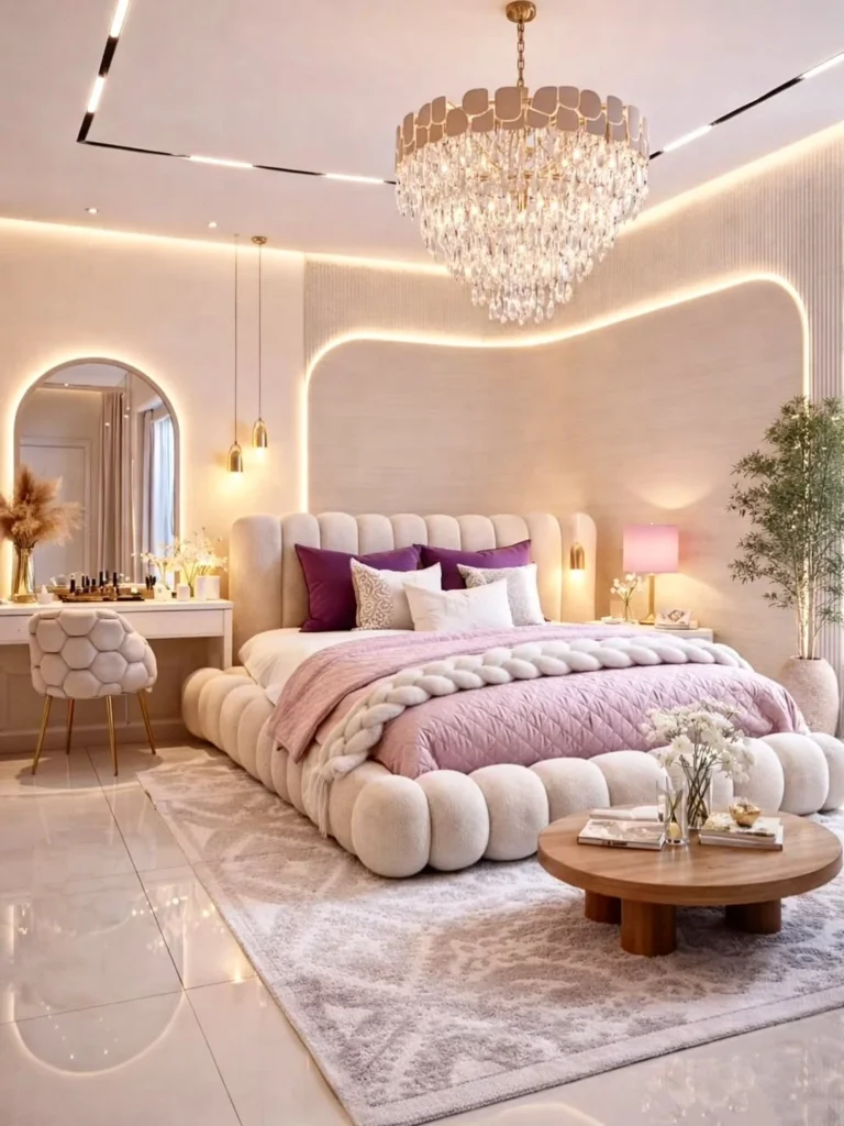 15 Luxury Bedroom Design Ideas That Feel Like a 5 Star Hotel 5 luxury bedroom with crystal chandelier and curved upholstered bed