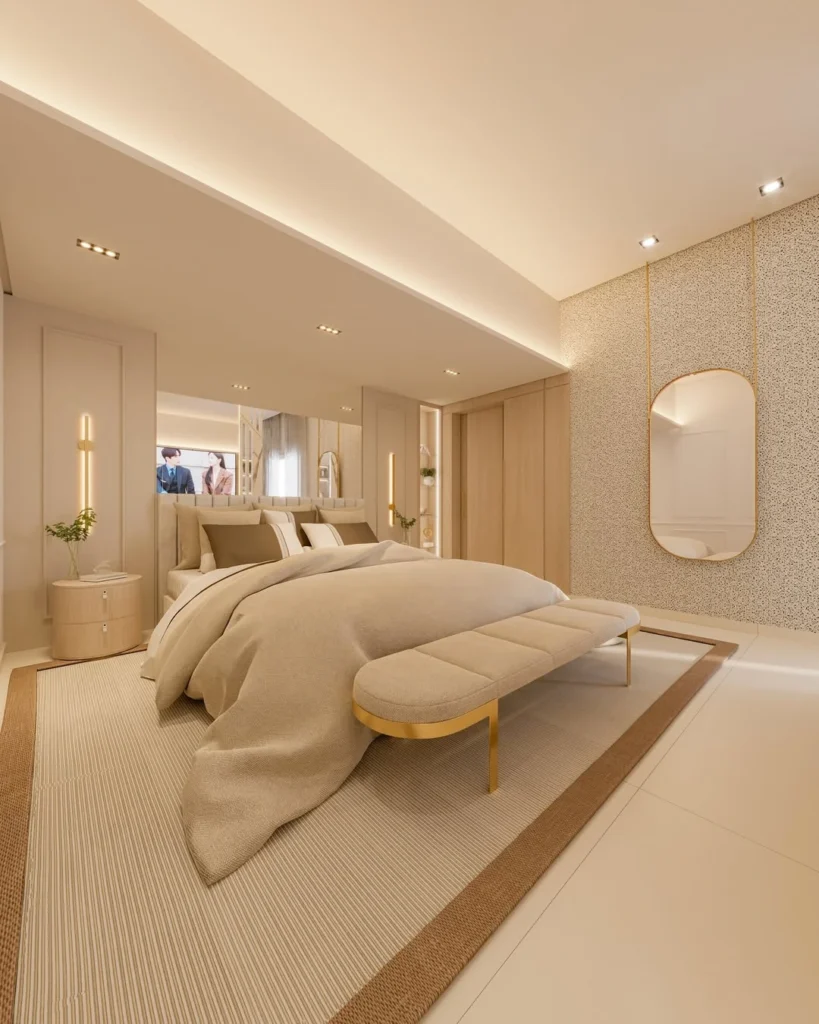 15 Luxury Bedroom Design Ideas That Feel Like a 5 Star Hotel 7 modern luxury bedroom with textured wall panels and padded bench