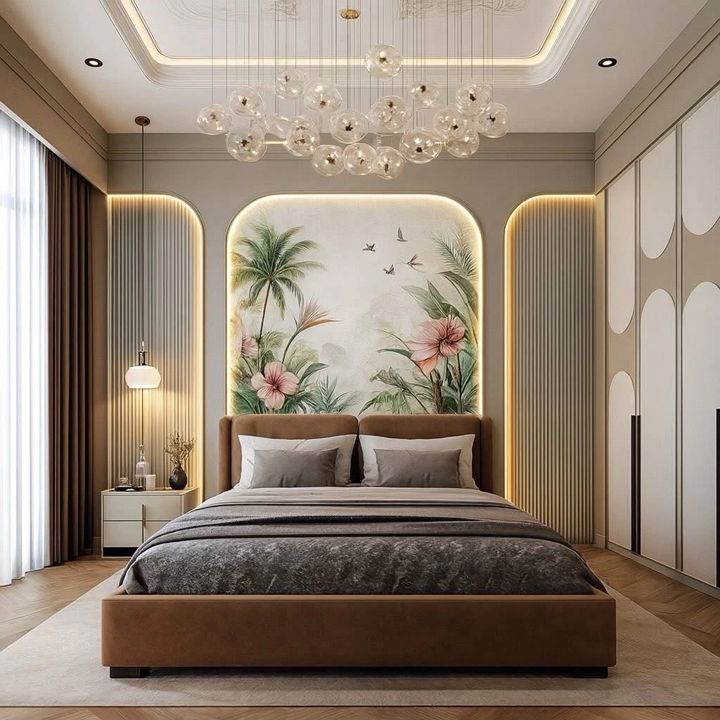 15 Luxury Bedroom Design Ideas That Feel Like a 5 Star Hotel 13 bedroom with decorative ceiling and bubble chandelier lighting