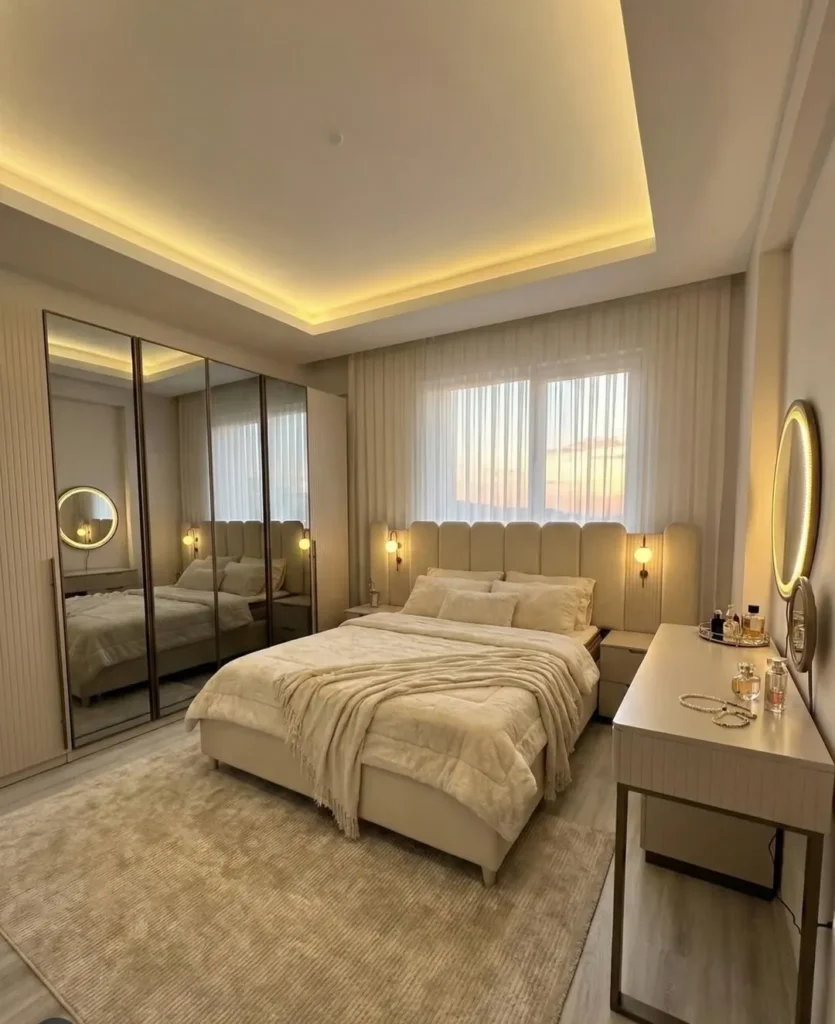 15 Luxury Bedroom Design Ideas That Feel Like a 5 Star Hotel 15 modern bedroom with symmetrical wall design and LED lighting