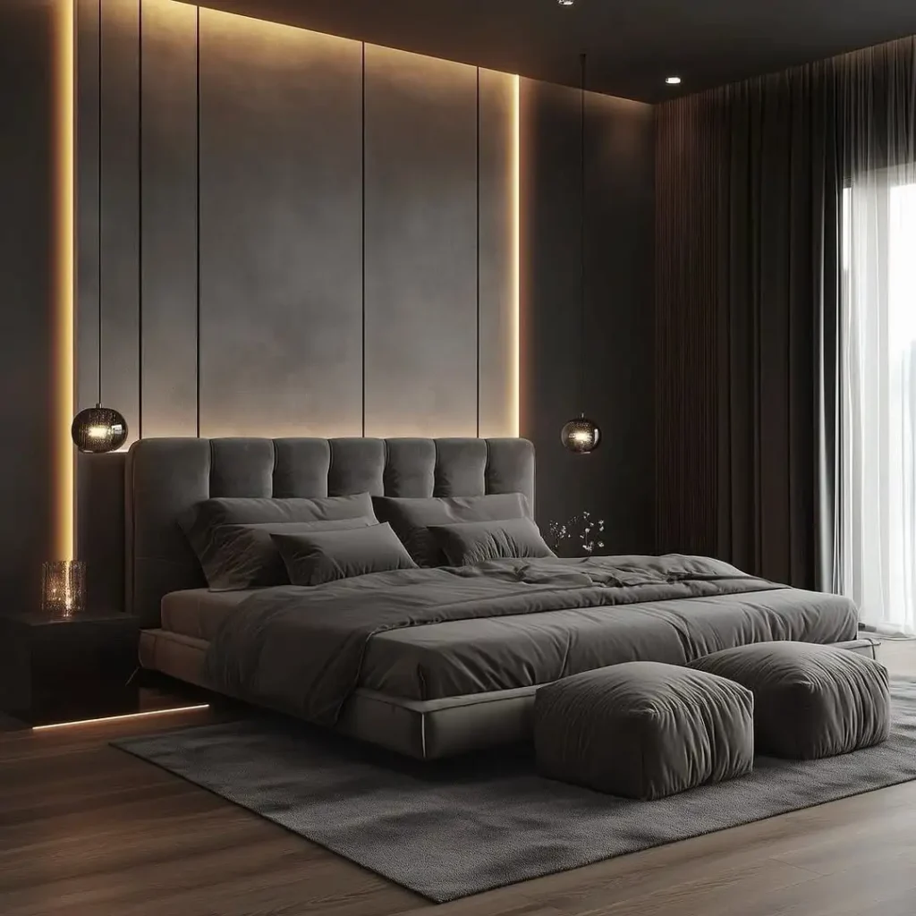 15 Luxury Bedroom Design Ideas That Feel Like a 5 Star Hotel 6 dark modern bedroom with vertical LED lighting and upholstered bed