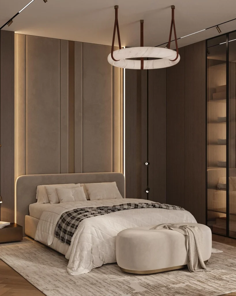 13 Elegant Modern Bedroom Design Ideas for a Calm & Luxurious Space 2 Modern bedroom with upholstered headboard, soft neutral tones, and warm ambient lighting