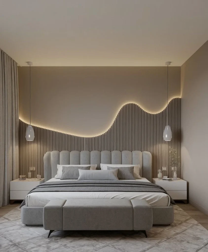 13 Elegant Modern Bedroom Design Ideas for a Calm & Luxurious Space 12 Calm modern bedroom with organic shapes, soft textures, and neutral tones