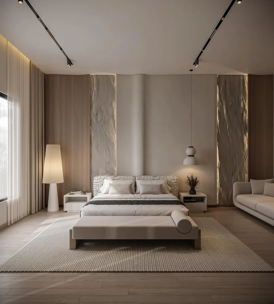 13 Elegant Modern Bedroom Design Ideas for a Calm & Luxurious Space 3 Minimal modern bedroom featuring warm wood wall panels and soft lighting