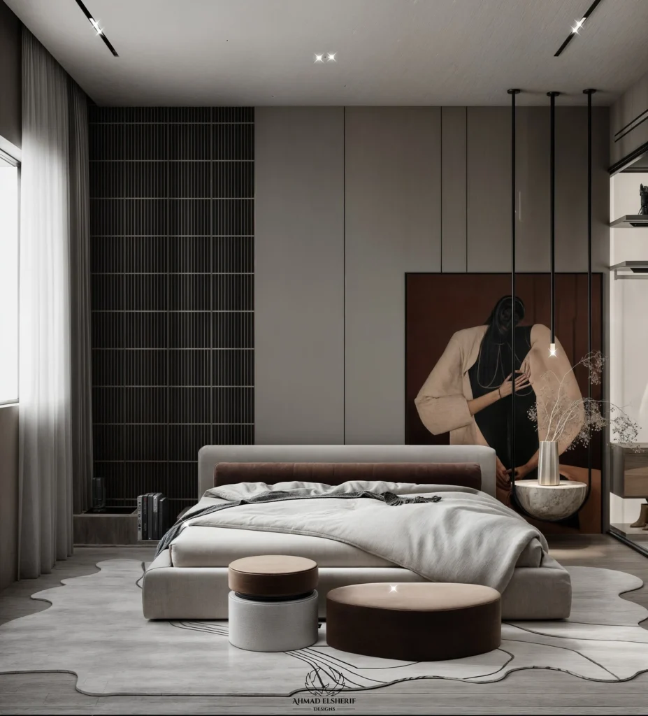 13 Elegant Modern Bedroom Design Ideas for a Calm & Luxurious Space 4 Luxury bedroom design with statement ceiling light and modern decor
