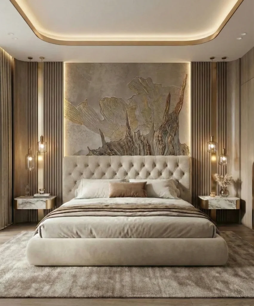 13 Elegant Modern Bedroom Design Ideas for a Calm & Luxurious Space 5 Contemporary bedroom with textured wall panels and modern neutral palette