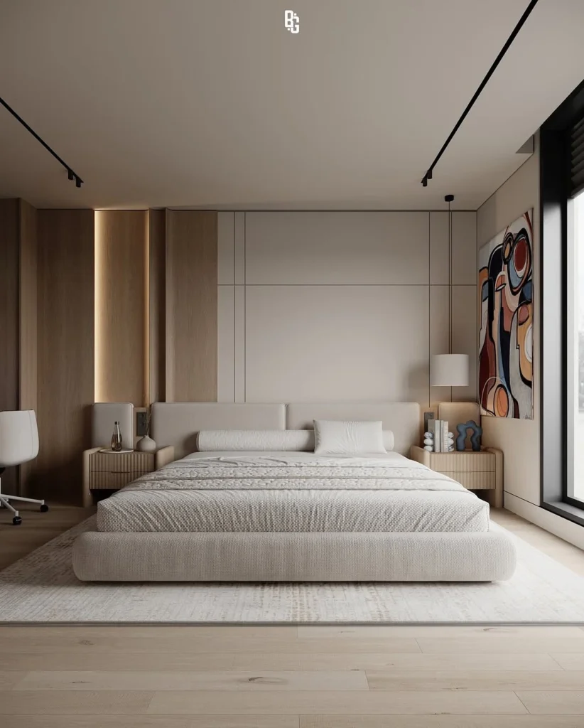 13 Elegant Modern Bedroom Design Ideas for a Calm & Luxurious Space 6 Modern bedroom featuring layered bedding and neutral color palette