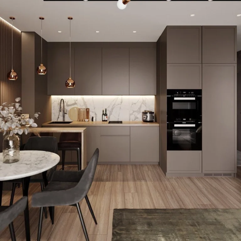 Modern minimalist kitchen with taupe cabinets, marble backsplash, and built-in appliances