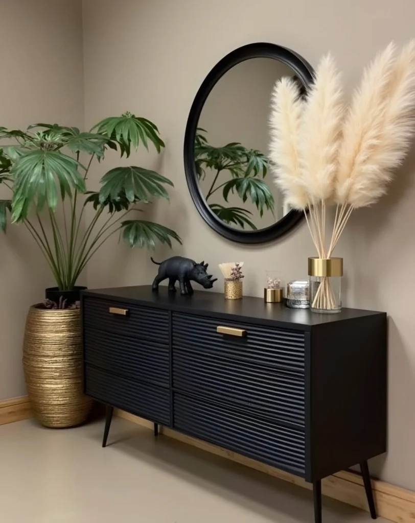 Black modern entryway console table with decorative accessories