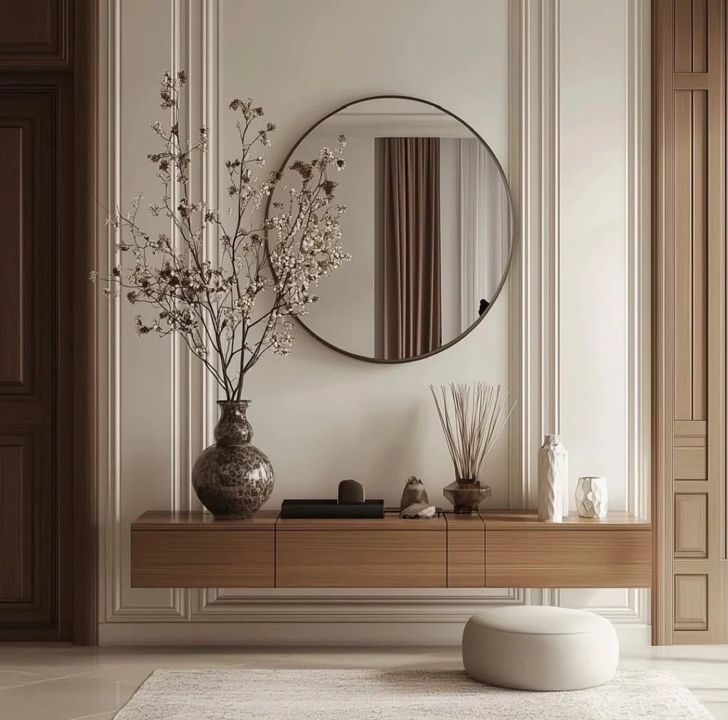 Floating wooden entryway console with minimalist styling