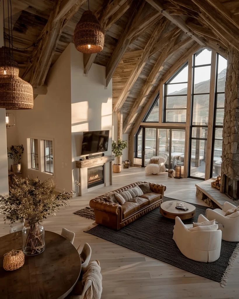 Rustic luxury living room with wooden beams, fireplace, and cozy seating