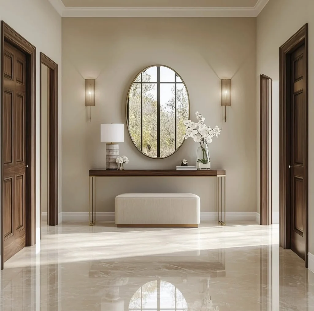 Symmetrical entryway lighting with modern mirror