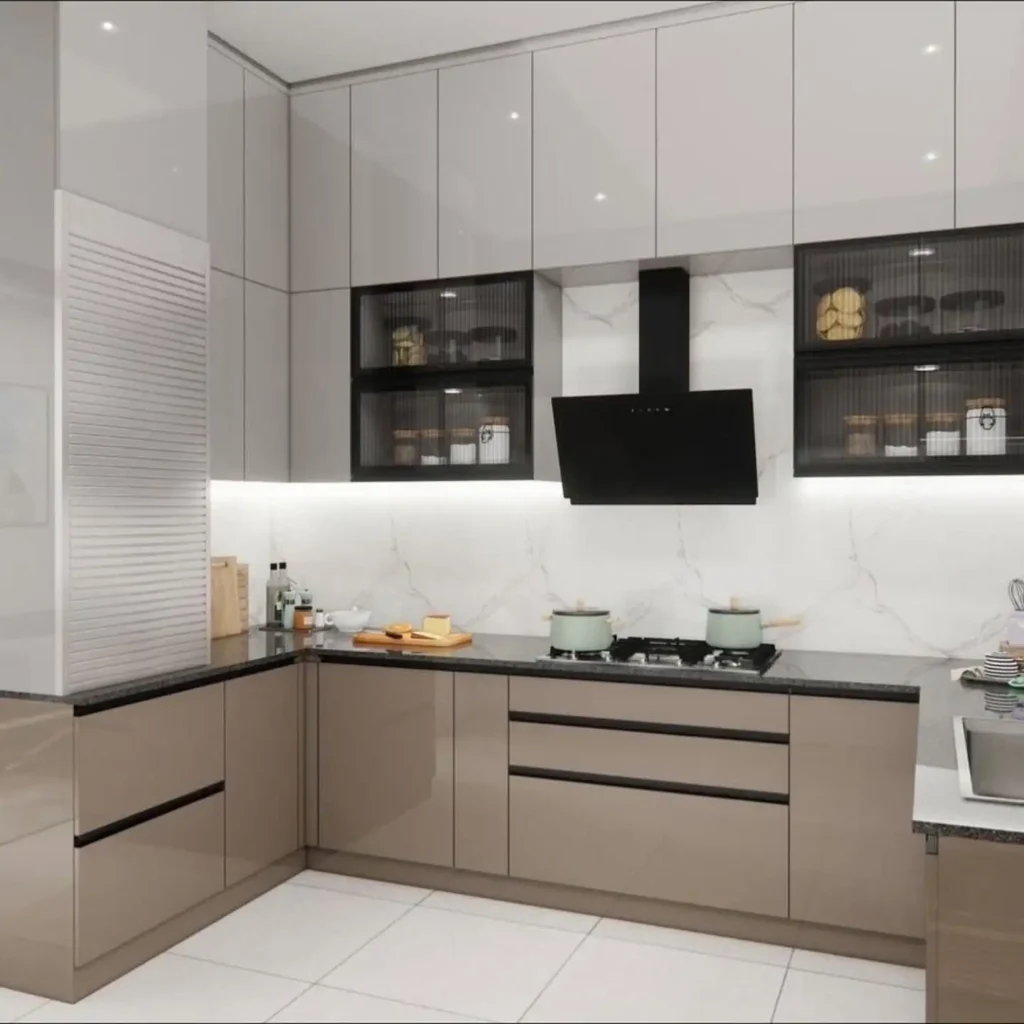 Elegant Modern Kitchen Design Ideas for a Stylish Home 12 Glossy modern kitchen with beige cabinets and marble backsplash