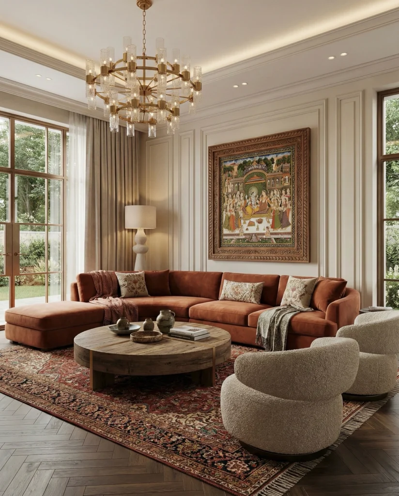 Traditional living room with warm-toned sofa, classic rug, and chandelier lighting
