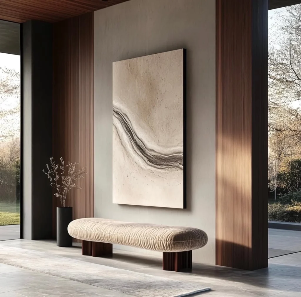 Modern entryway bench paired with abstract wall art