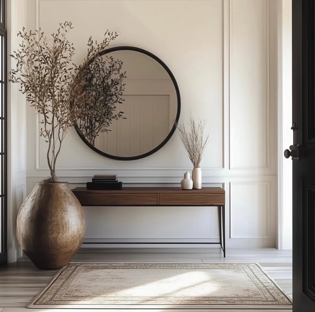 Neutral modern entryway with bench and wall art