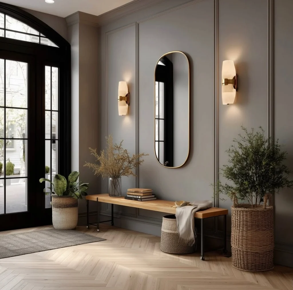 Entryway wall sconces with mirror and wooden bench