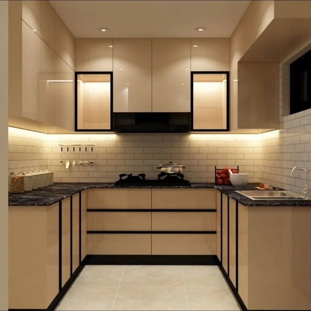 Elegant Modern Kitchen Design Ideas for a Stylish Home 15 Compact modern kitchen with beige cabinets, subway tiles, and soft lighting