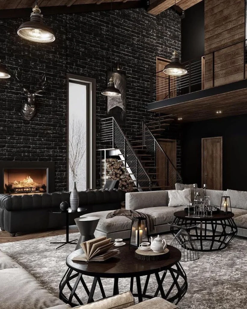 Modern living room with wooden wall panels, neutral sofa, and warm lighting