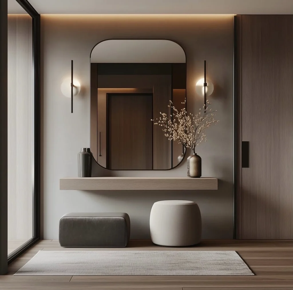 Minimalist entryway with rounded mirror and neutral decor