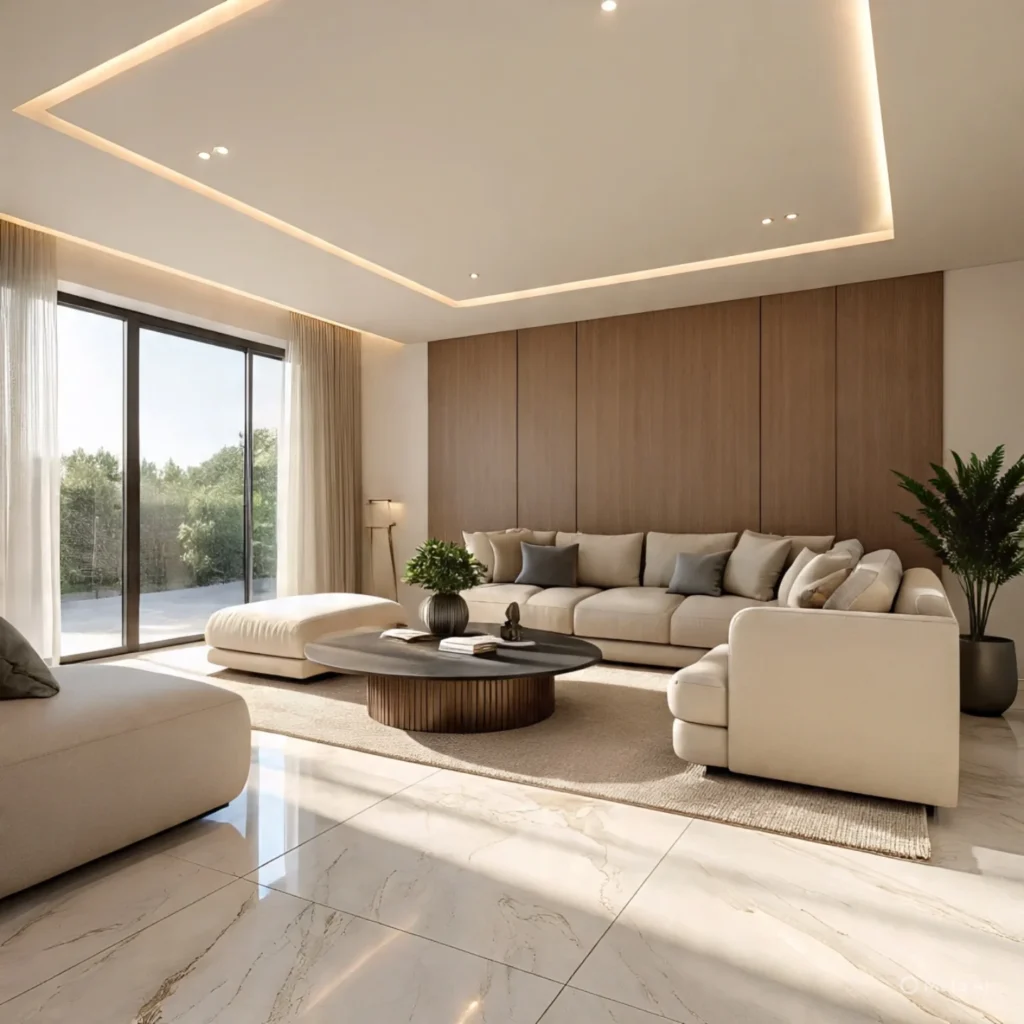 Soft modern living room with neutral sectional sofa, layered textures, and minimal decor