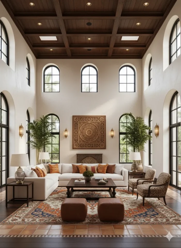 Balanced modern living room with neutral tones, cozy sofa, and functional layout