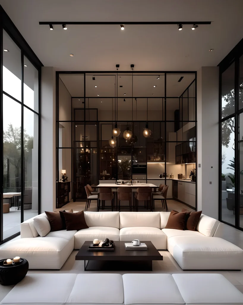 Open concept luxury living room with sectional sofa, glass walls, and modern lighting