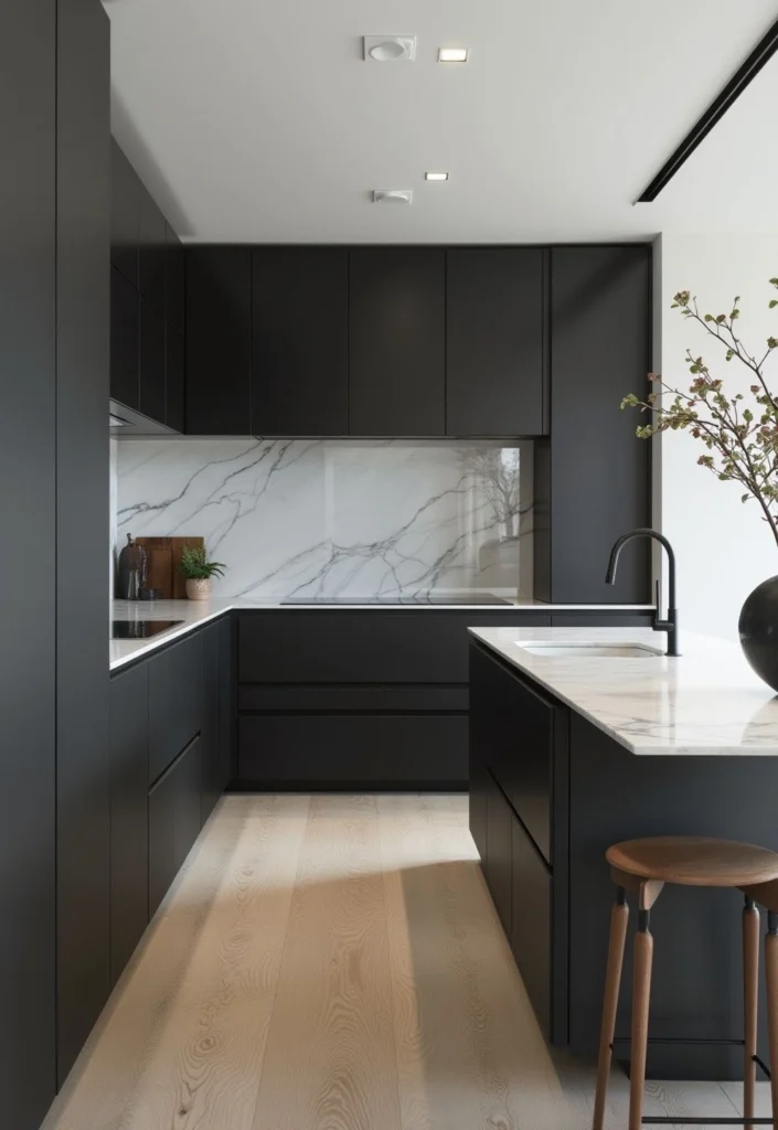 Elegant Modern Kitchen Design Ideas for a Stylish Home 3 Black modern kitchen with marble countertops and sleek island seating