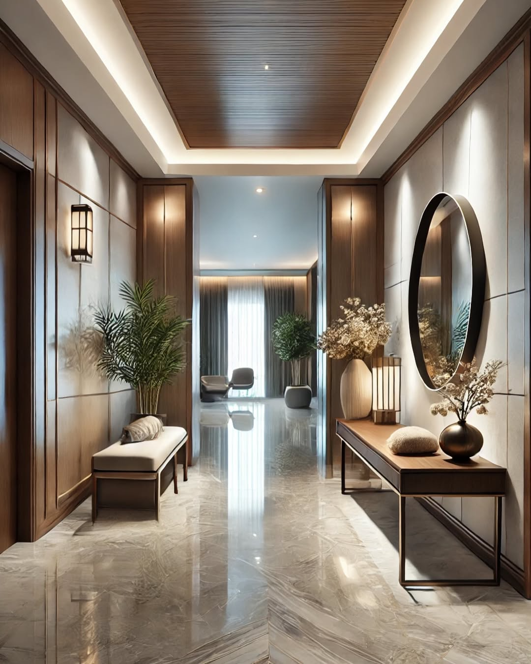 Modern luxury entryway with console table, mirror, lighting, and plants