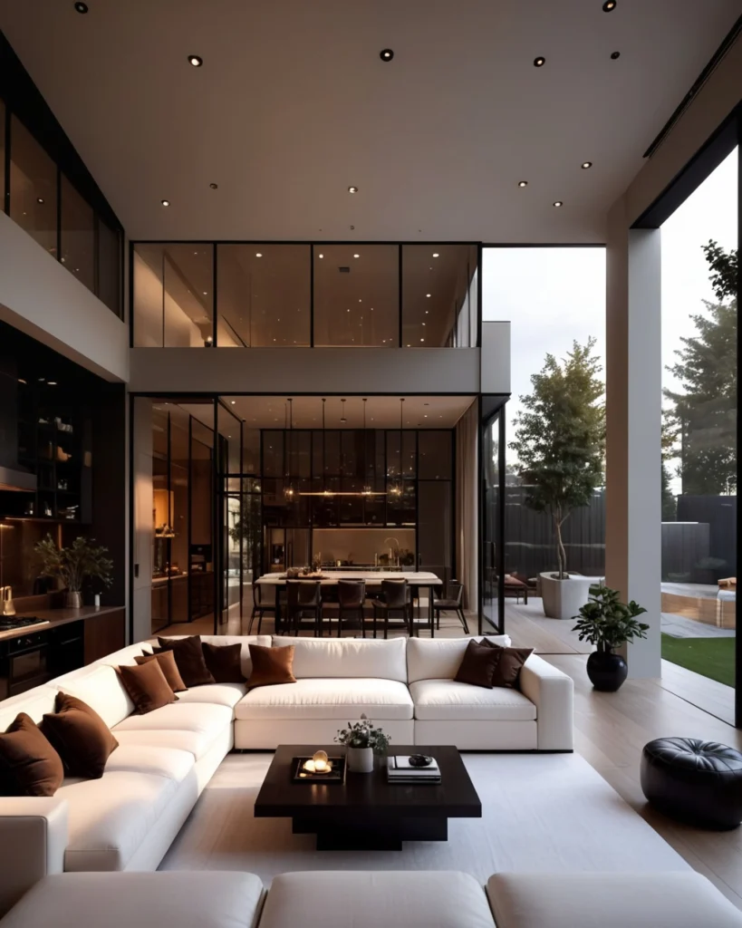 Double height modern living room with tall windows, contemporary furniture, and natural light
