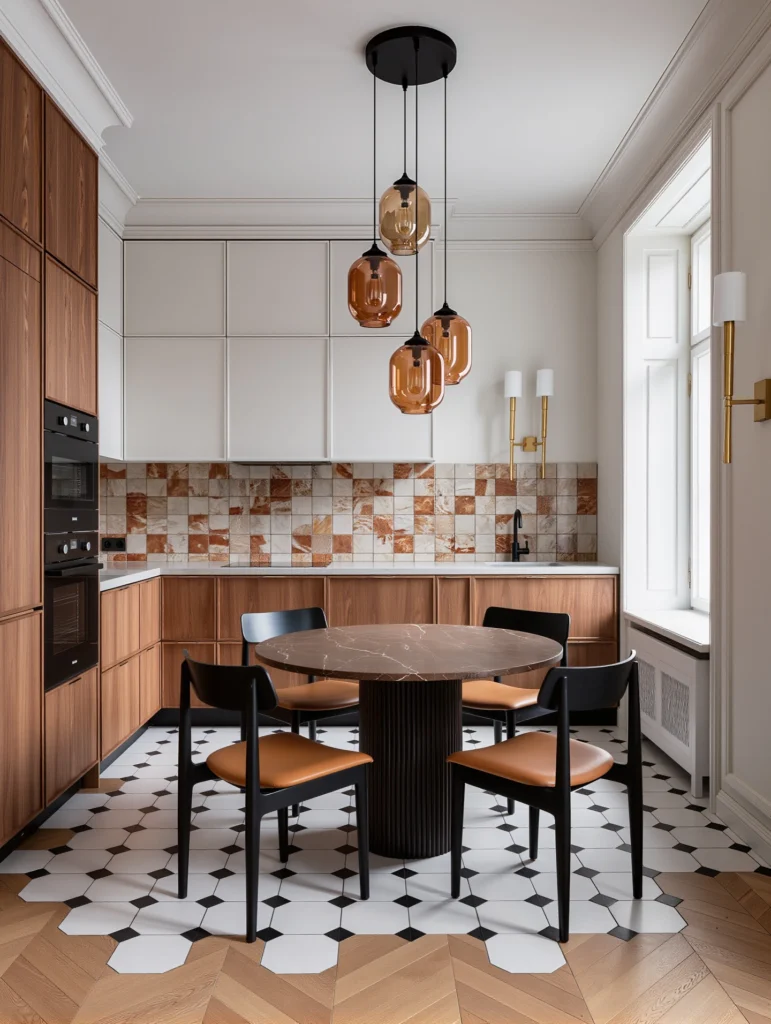 Elegant Modern Kitchen Design Ideas for a Stylish Home 4 Modern kitchen with wood cabinetry, white upper cabinets, and stylish pendant lighting