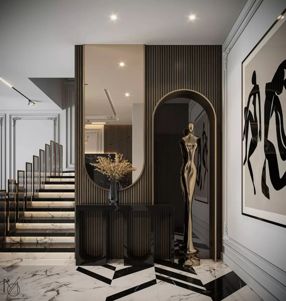 Large modern mirror wall decor in entryway