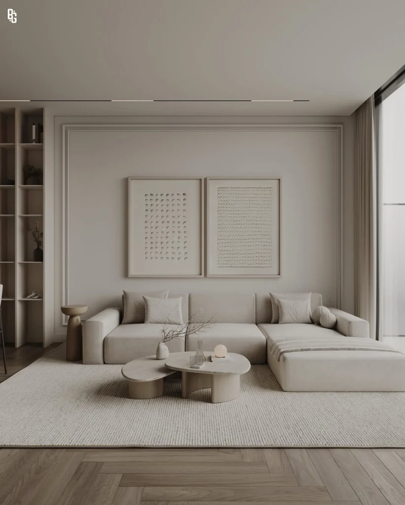 Minimalist living room with soft beige sofa, abstract wall art, and clean modern design