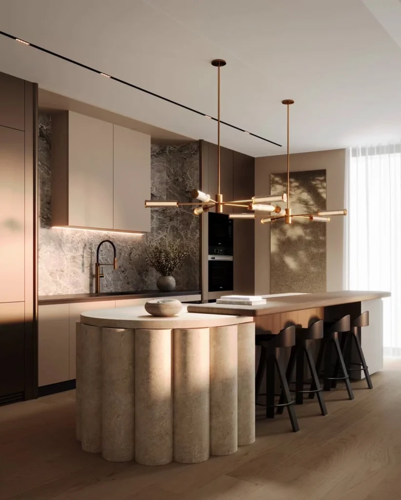 Elegant Modern Kitchen Design Ideas for a Stylish Home 5 Luxury modern kitchen with large island, marble surfaces, and designer pendant lights