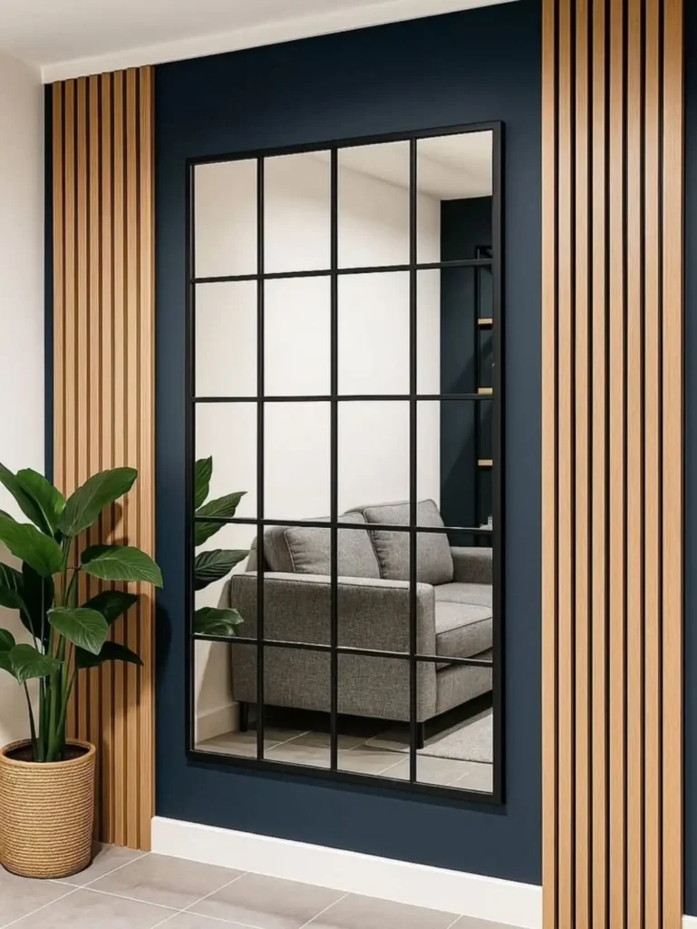 Entryway design with textured wall panels and staircase