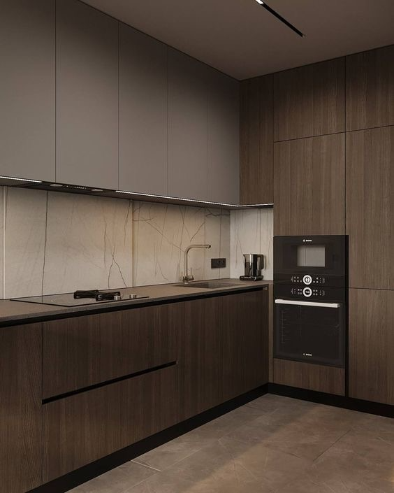 Elegant Modern Kitchen Design Ideas for a Stylish Home 6 Modern kitchen with built-in oven, dark wood cabinets, and minimalist layout