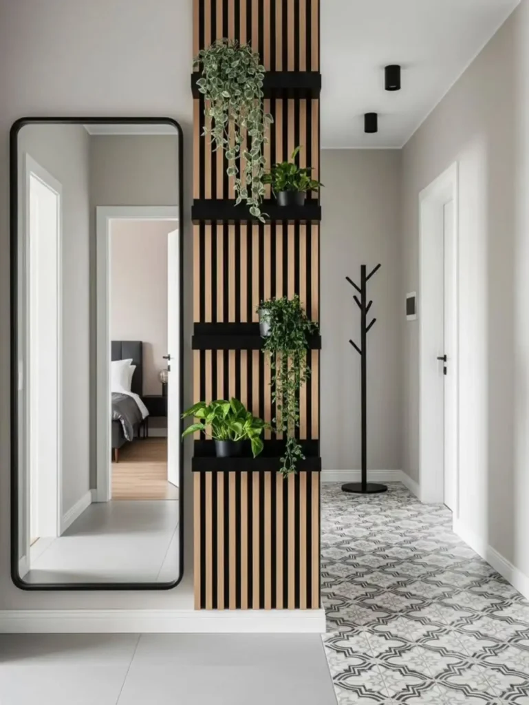 Luxury hallway entryway with wall panels and bench