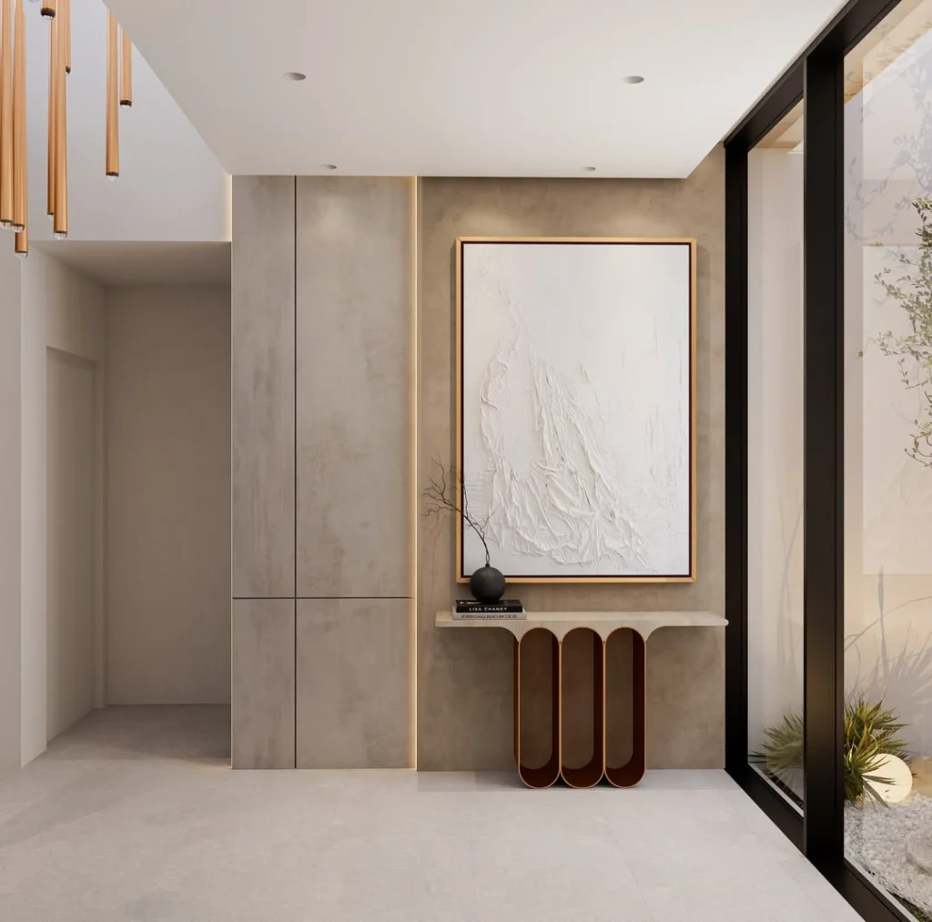Entryway with vertical wooden slats and indoor plants