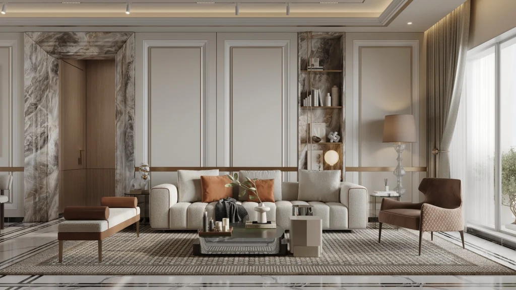 Elegant living room with classic panel walls, neutral sofa, and luxury accents