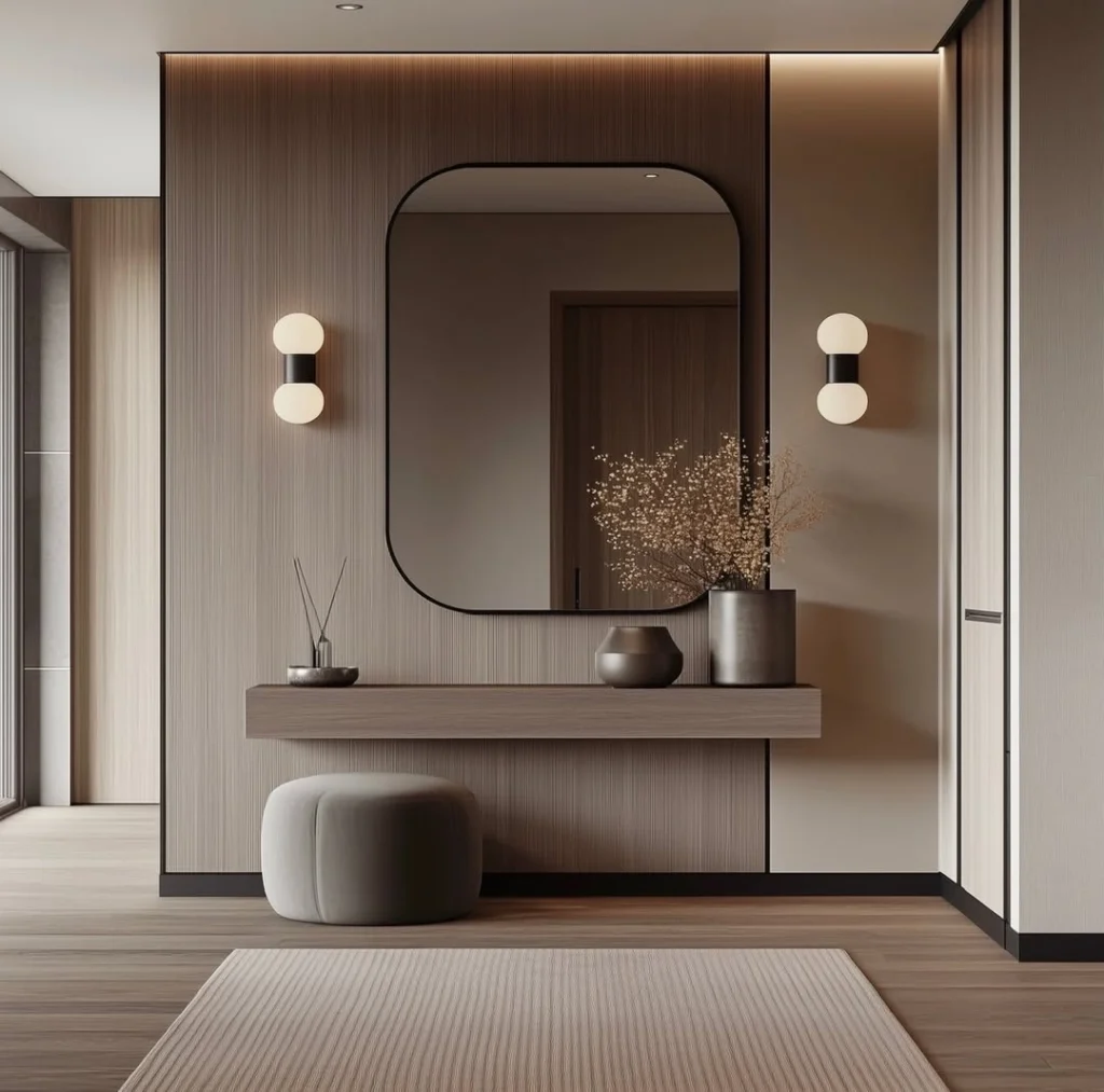 Modern entryway plant decor with mirror and shelving