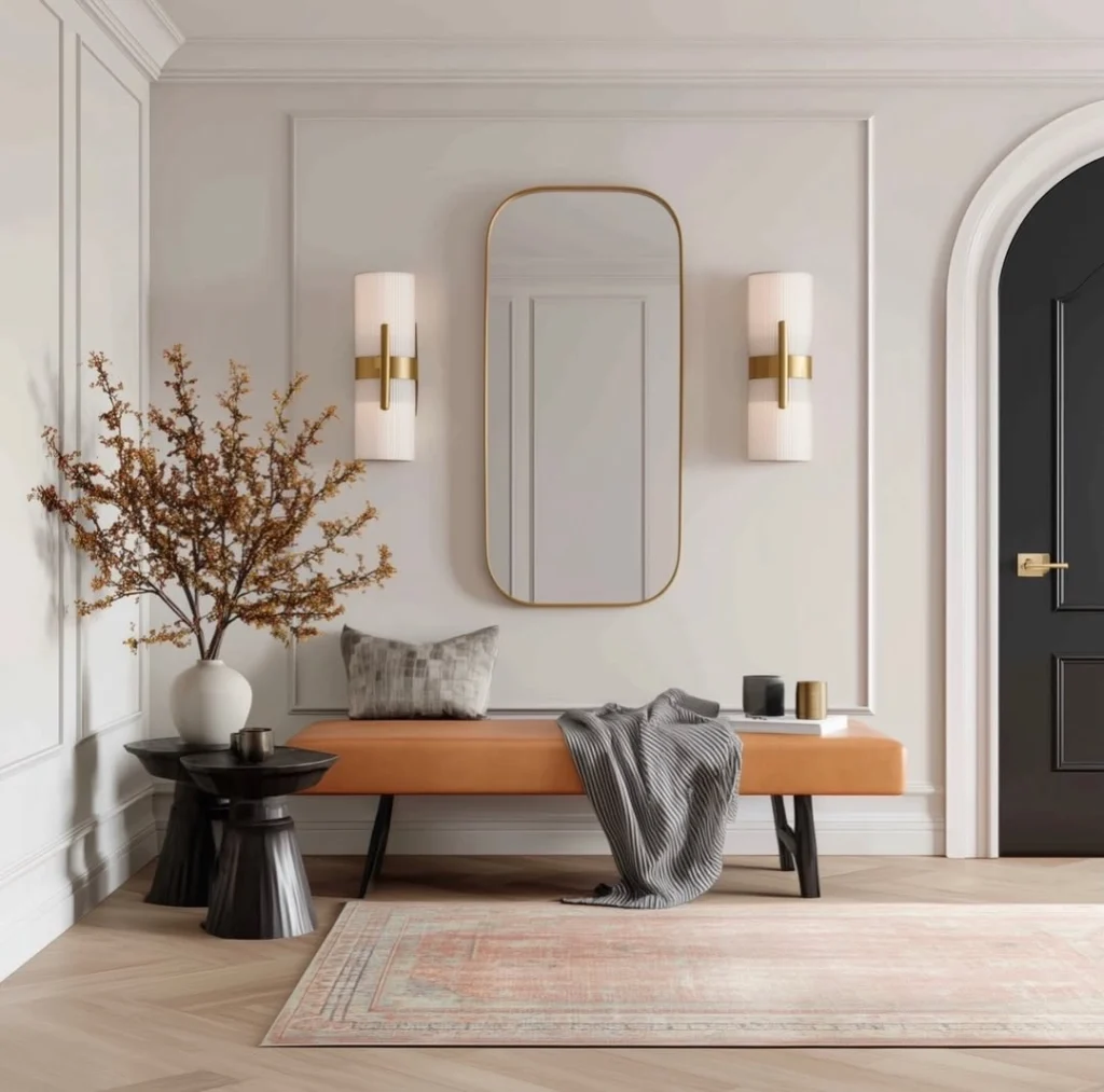 Upholstered entryway bench with wall sconces