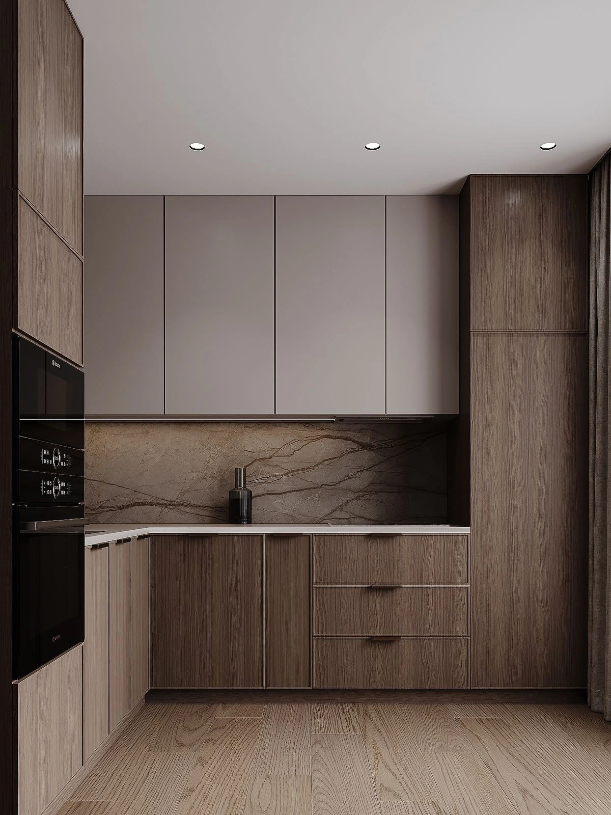 Modern kitchen with warm wood cabinets and minimalist design