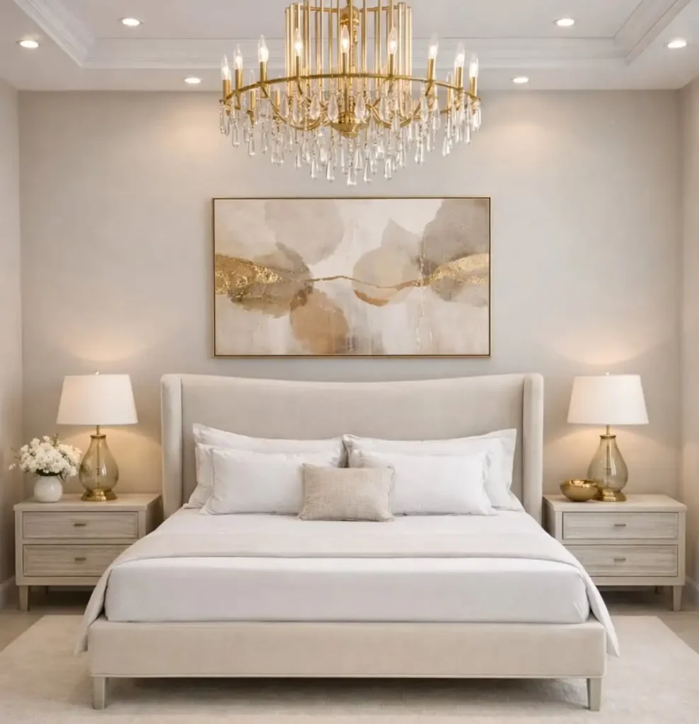 11 Luxurious Modern Bedroom Ideas That Feel Calm, Cozy & Elegant 8 luxury beige bedroom with gold chandelier and abstract wall art
