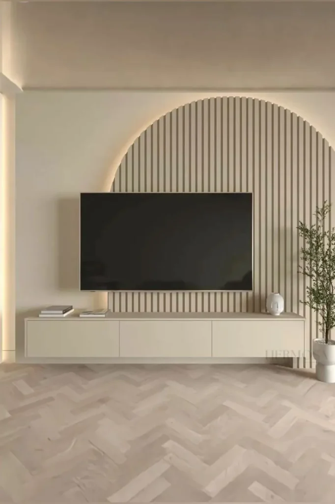 13 Modern Media Wall Ideas to Instantly Elevate Your Living Room 2 Wooden slat media wall with LED lighting and floating TV unit