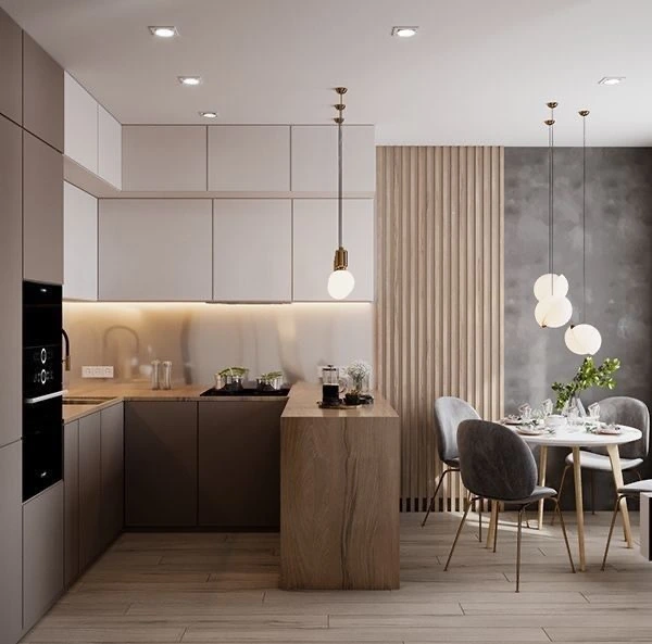 Modern kitchen with marble countertops and warm lighting