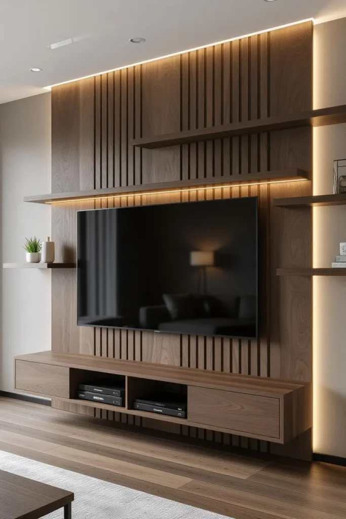 13 Modern Media Wall Ideas to Instantly Elevate Your Living Room 11 Media wall with open display shelves and warm lighting